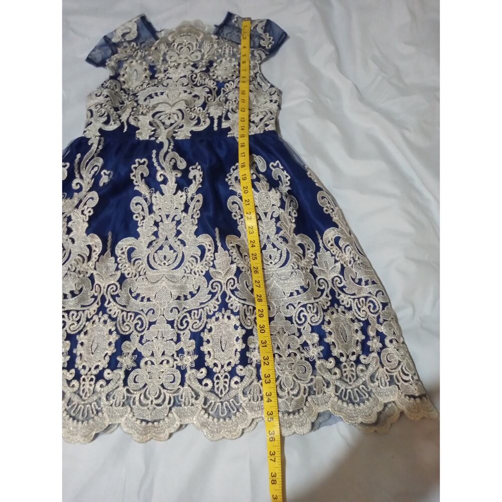 Women's Blue Lace Metallic Gold Embroidered Formal Cocktail Dinner Party Dress - Picture 8 of 13